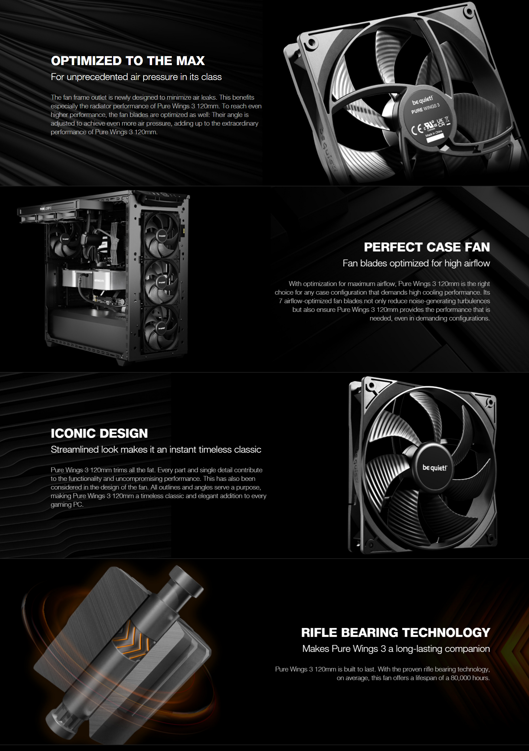 A large marketing image providing additional information about the product be quiet! PURE WINGS 3 120mm Fan - Black - Additional alt info not provided